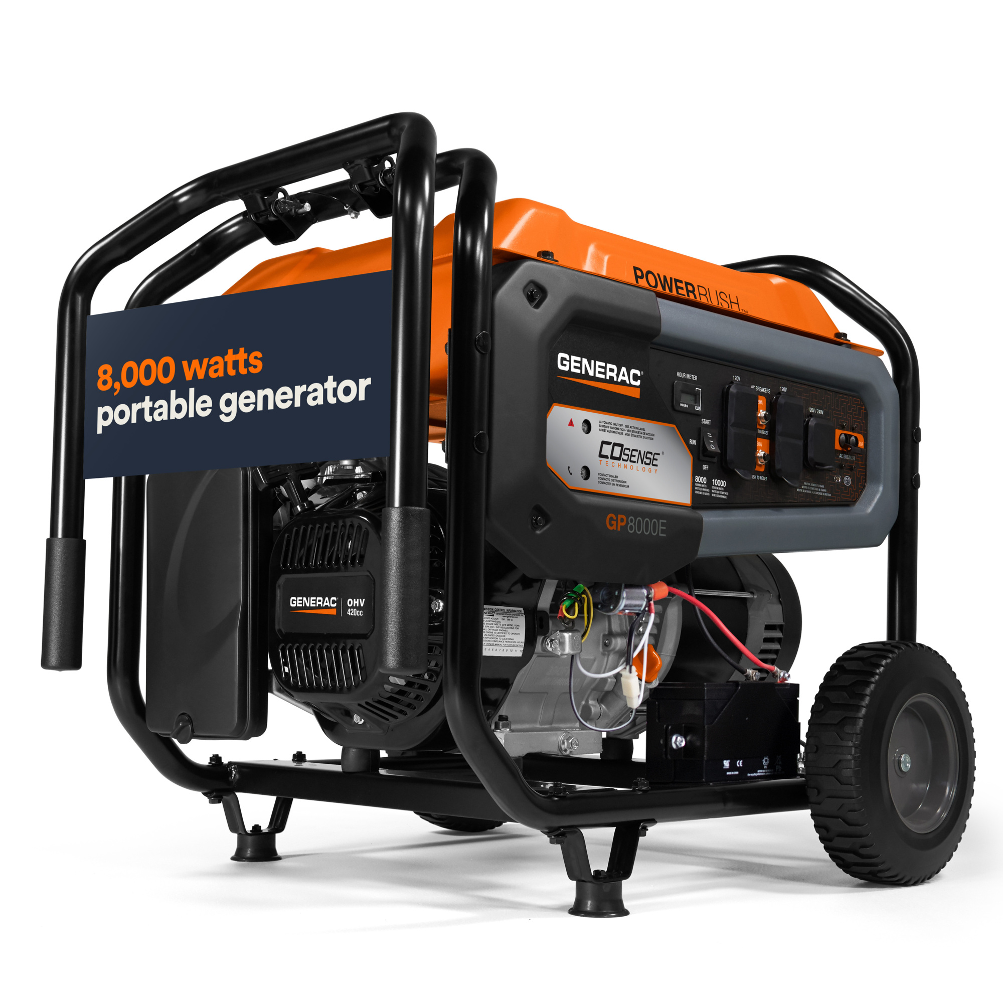 Generac 7715 GP8000E 10000 / 8000 Watt Electric Start Portable Generator w/ COSense, Wheel and Handle Kit Included, 49ST